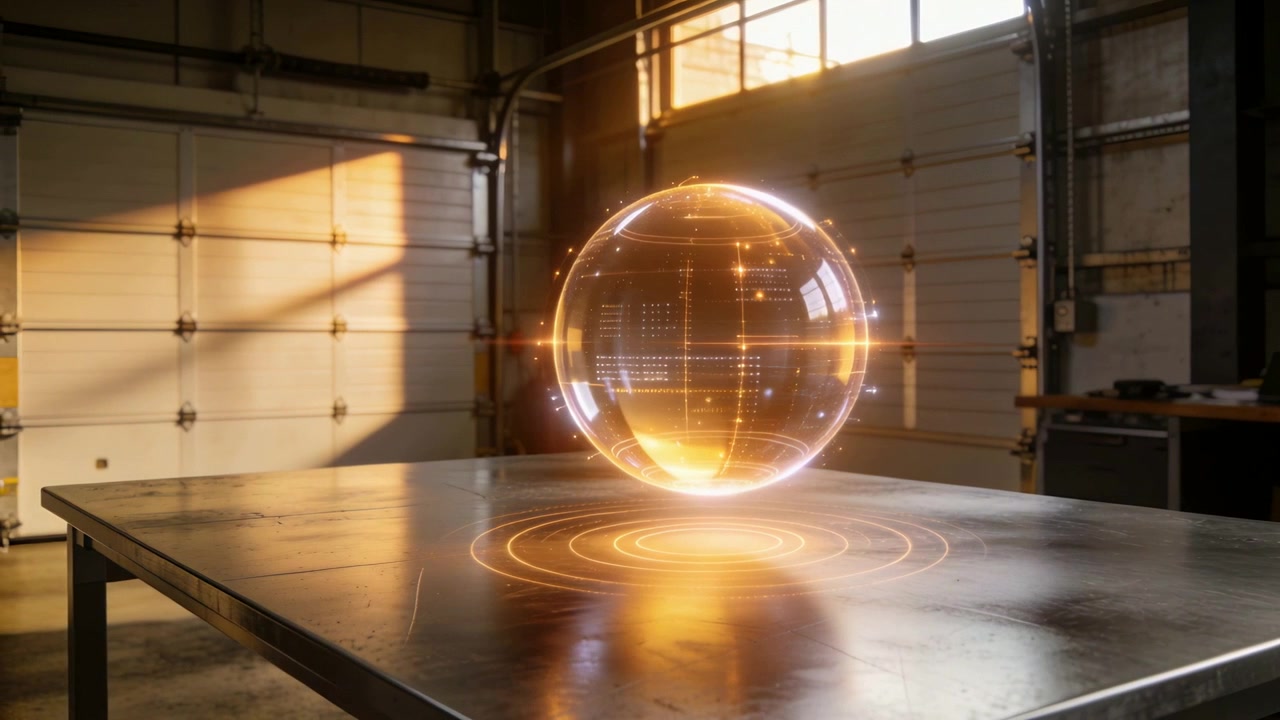 Attivazione di una sfera arancione luminosa che mostra schemi di dati mentre fluttua sopra un tavolo di metallo in un garage
