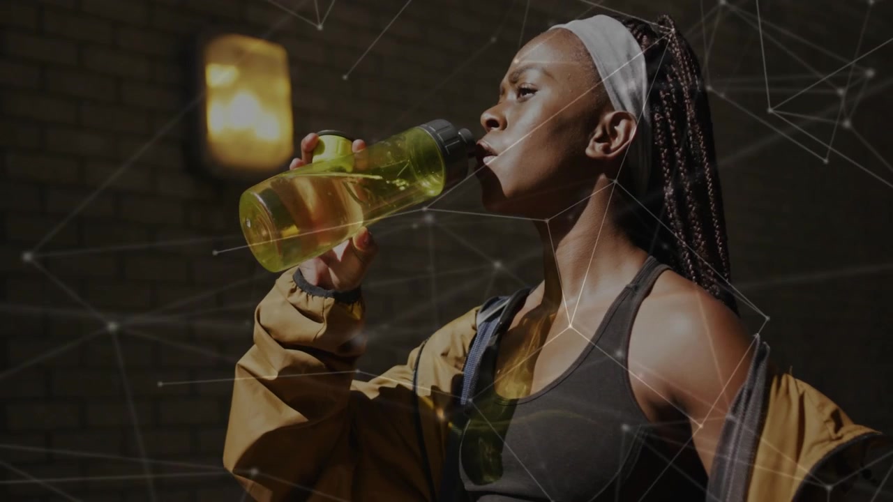 Woman unscrewing green water bottle, checking cap, drinking after fitness, overlay crossing person