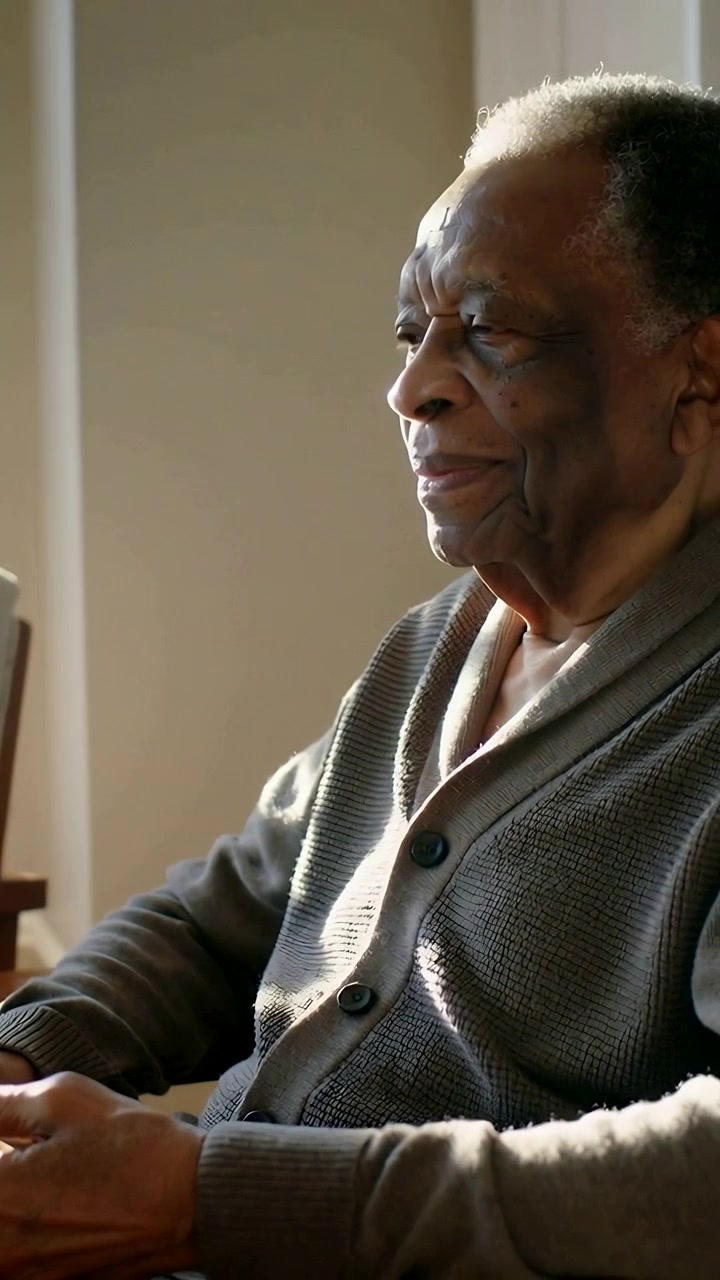 Vertical video: Holding device, senior man shifting gaze in armchair near window, checking messages
