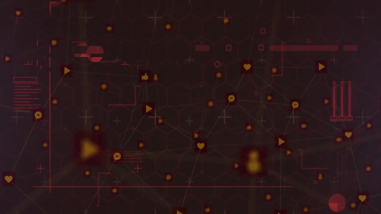 Animation of data processing over network of connections with glowing orange icons