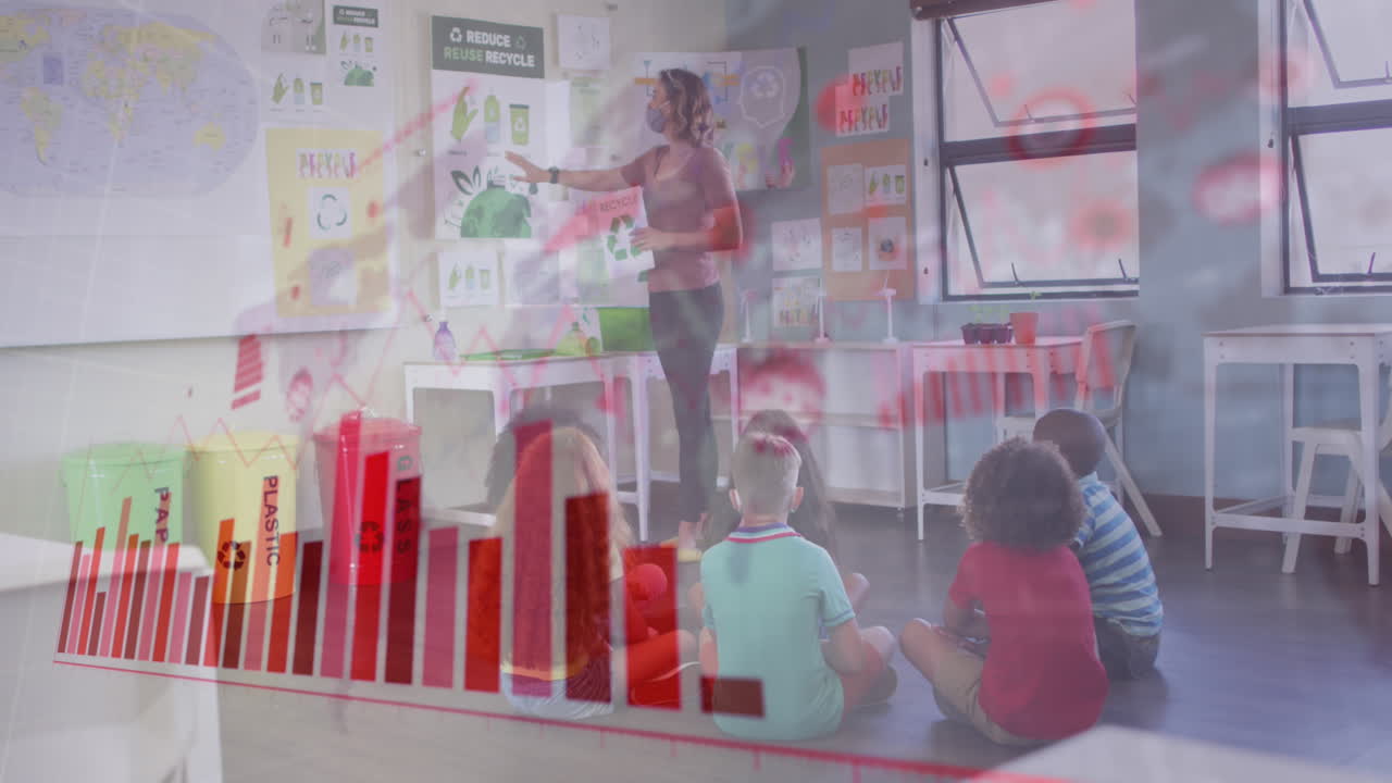 코로나바이러스 통계 데이터 처리는 카우카시안 여성 교사 교실에서 가르치는 것에 대항합니다.