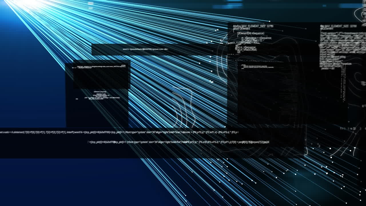 Digital animation of digital interface with data processing against blue light trails in background