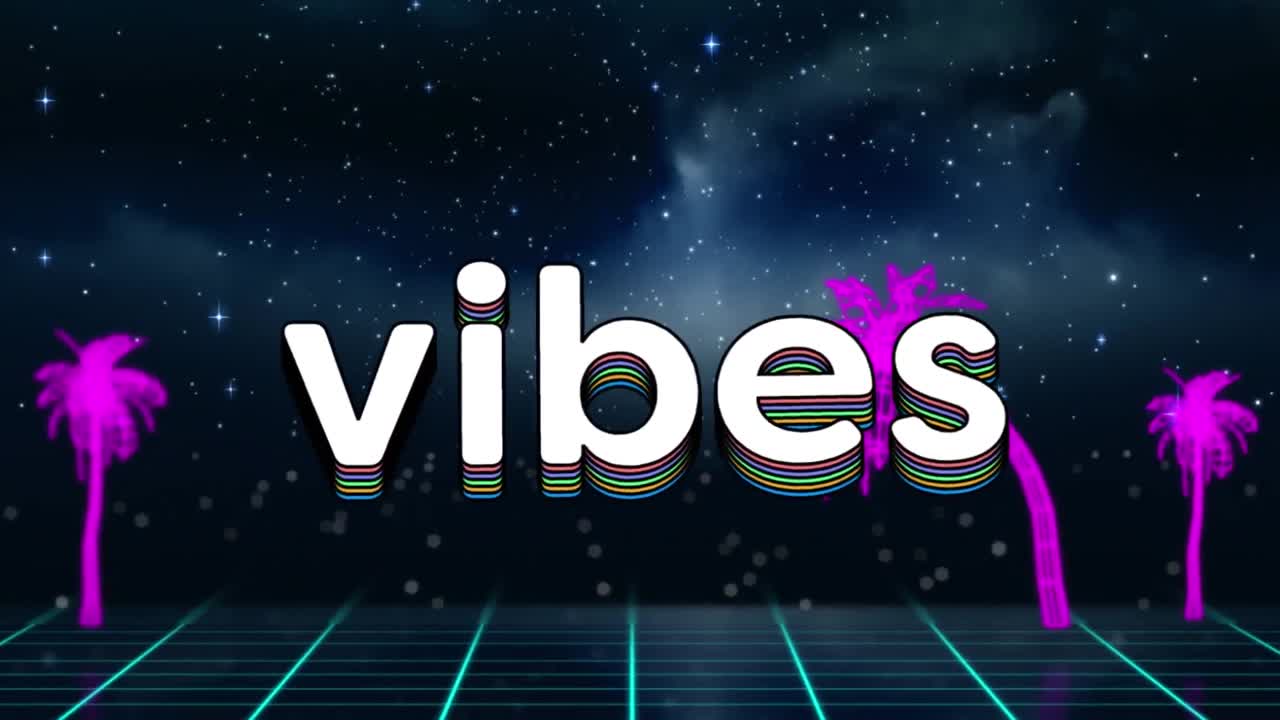 Vibes-tekstin animaatio kolmioilla ja palmupuilla ruudukolla galaksissa.