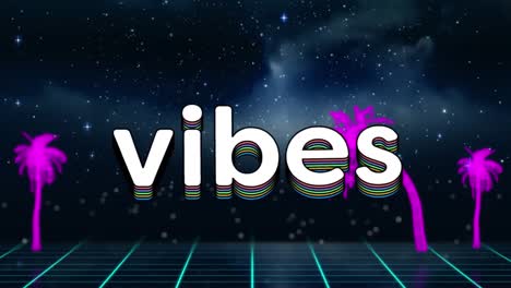 Animation-of-vibes-text-with-triangle-and-palm-trees-on-grid-in-galaxy