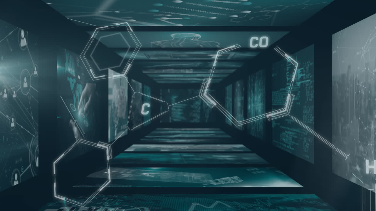 검은색 배경에서 데이터 처리를 통해 화학 공식의 애니메이션