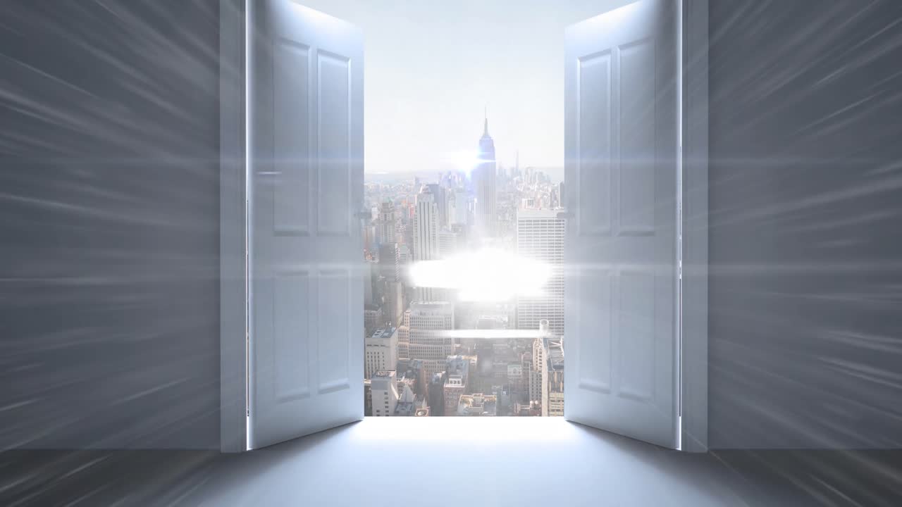 창문을 통해 도시 풍경의 전망에 대한 빛의 밝은 반점