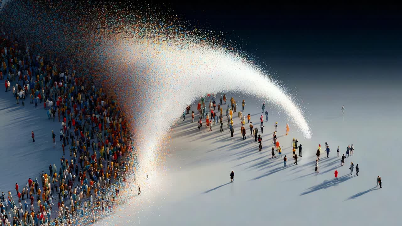 Dynamic Interaction of Multicolored Figures in a Fluid Motion as They Merge and Reshape in a Surreal Art Scene Reflecting Community and Diversity