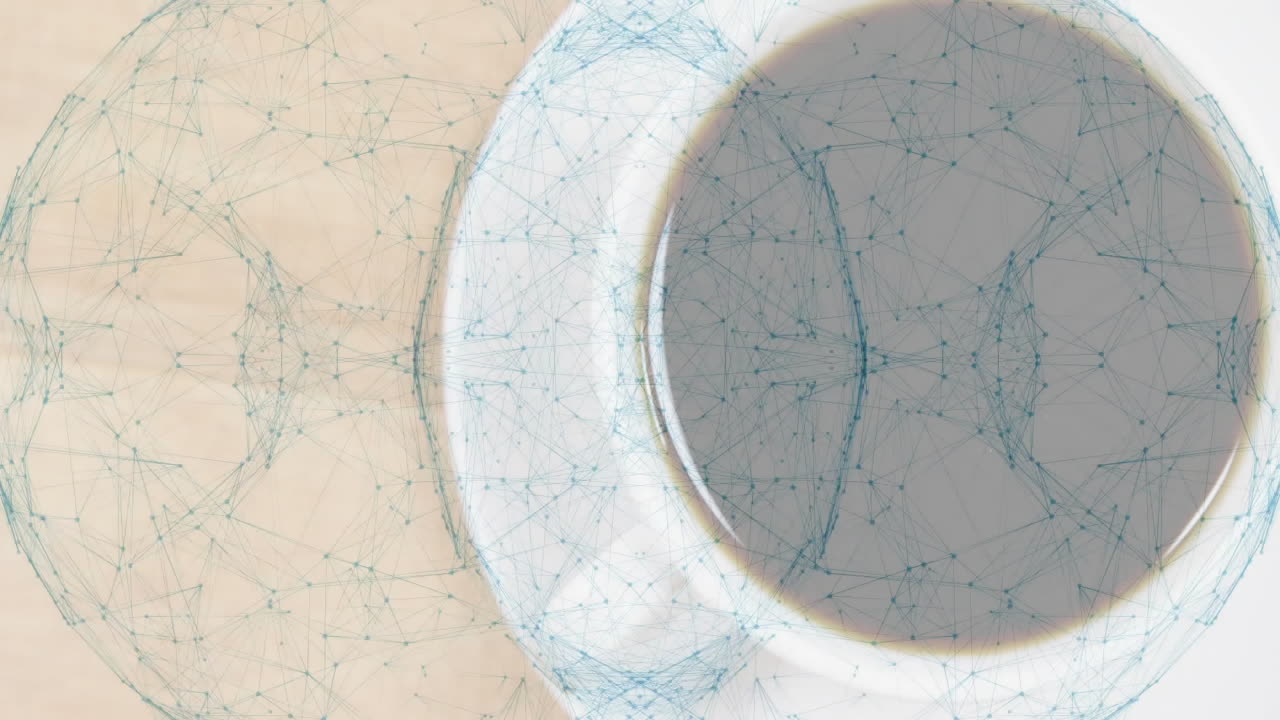 White ceramic coffee cup holding dark coffee floating under transparent blue 3D mesh sphere