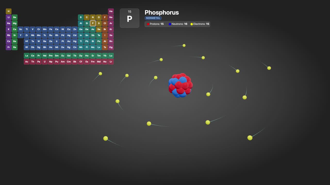Educational 3D animation of a phosphorus atom with orbiting electrons and periodic table data