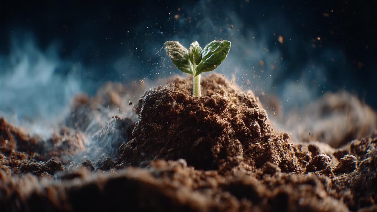 A young green sprout emerges from rich, dark soil, symbolizing growth and renewal amidst an environment filled with the essence of life and potential