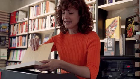 passionate female business owner describing book to bookstore client