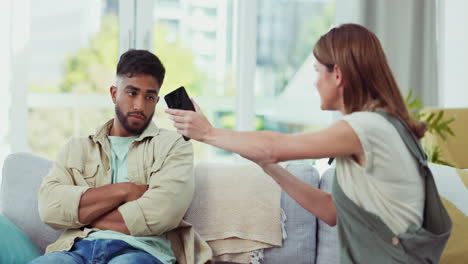 couple, fight and phone with cheating text