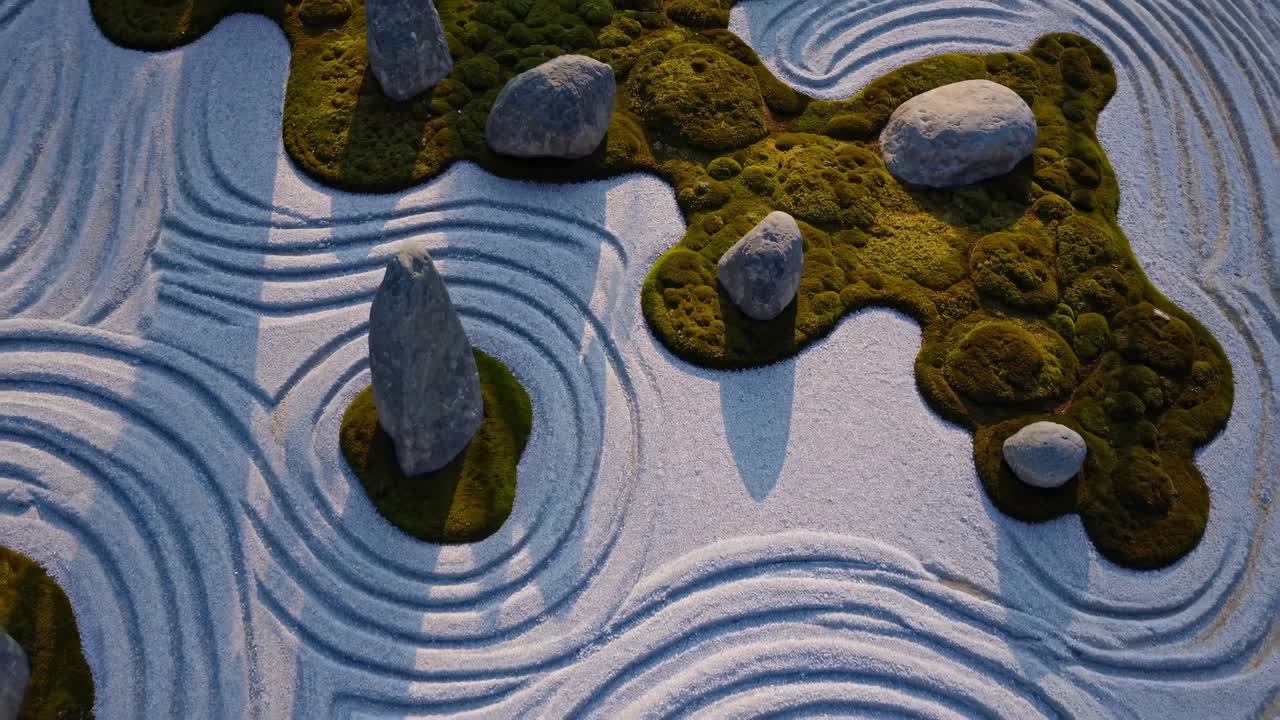 Il video presenta un sereno giardino Zen con motivi di sabbia e pietre meticolosamente rastrellati.