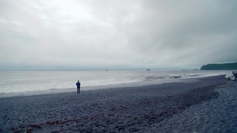 person watches ocean on grey, moody beach, runs from waves on shore