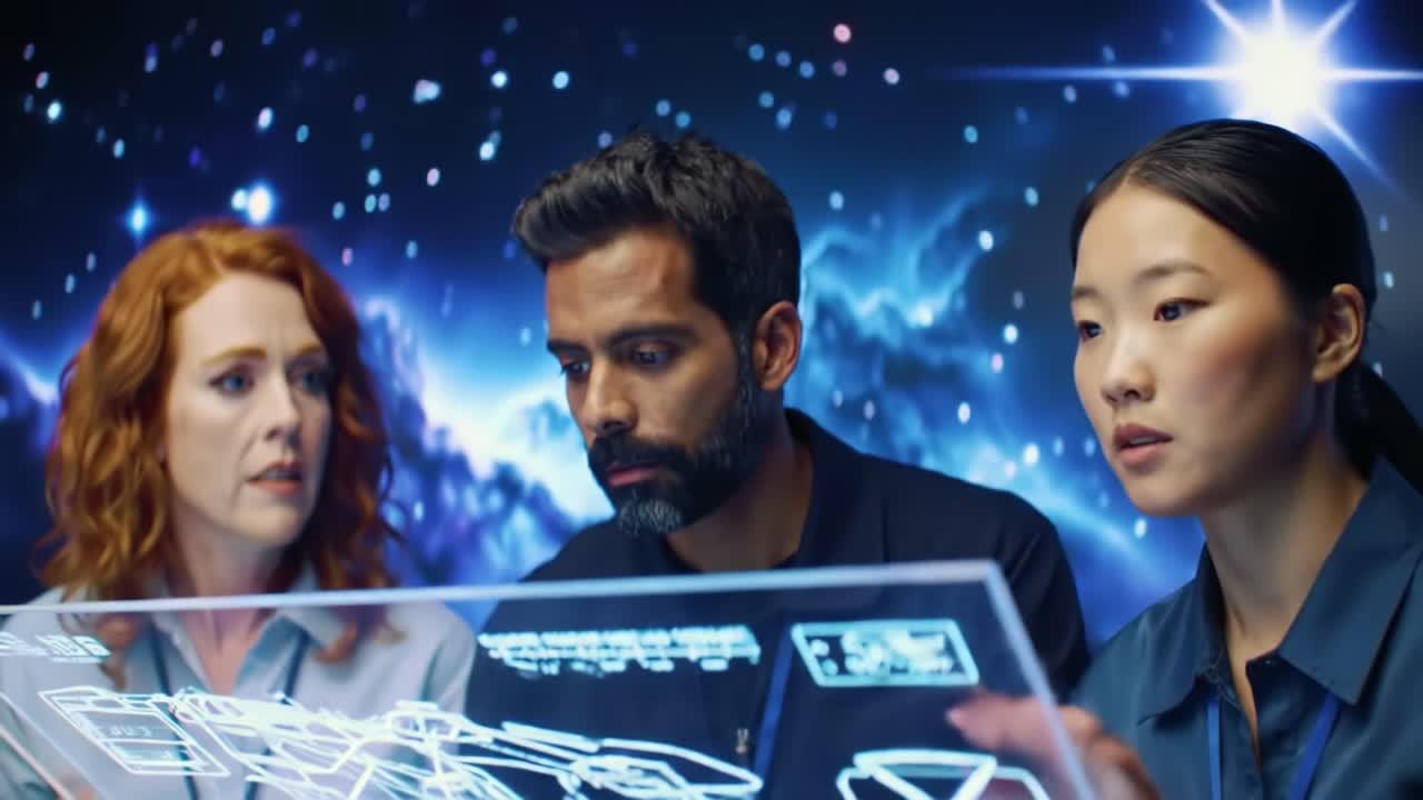 Three researchers collaborate together in a high-tech lab, analyzing data on a sleek digital interface. The backdrop features stunning cosmic visuals, enhancing their innovative work.