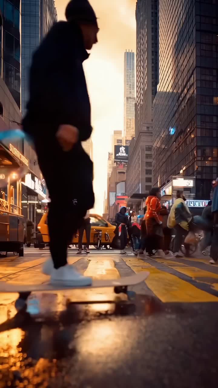 Low-angle video shot of a bustling city street at sunset, capturing blurred motion and reflections