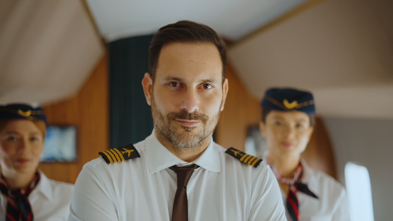 Pilot and flight attendants inside an airplane