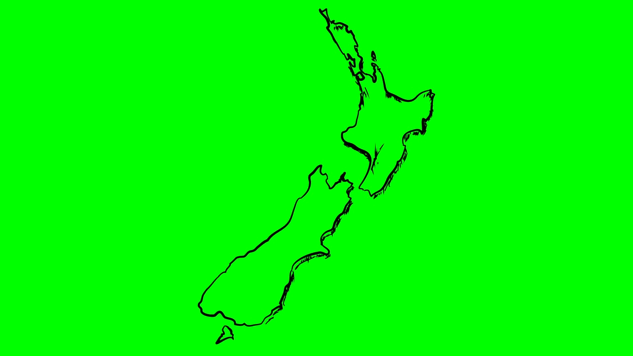 뉴질랜드: 초록색 화면에 인 윤 지도, 고립된 화이트보드