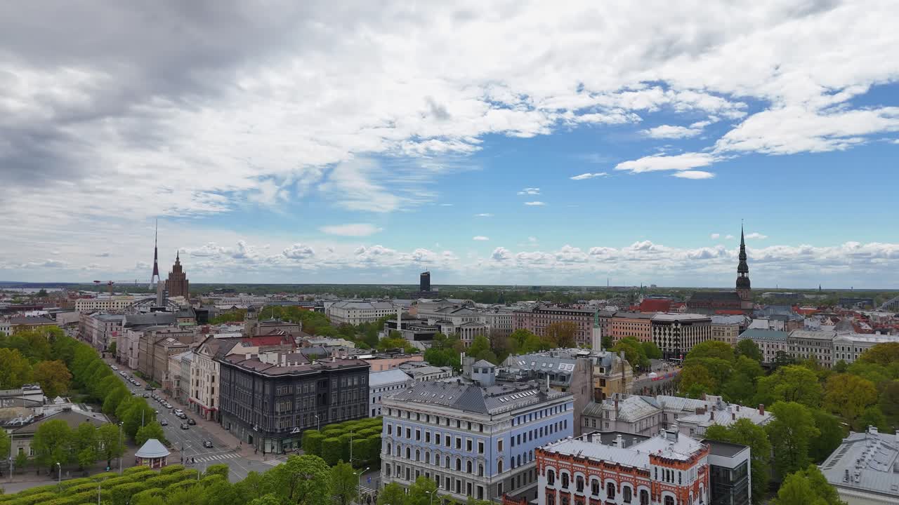 Stunning view of Riga, Latvia’s cityscape beneath a clear blue sky with soft clouds.
