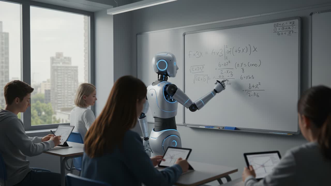 A futuristic classroom where a robot teacher engages students in math, utilizing technology and interactive learning methods to enhance education and foster innovation