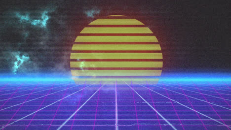 Animation-of-digital-landscape-and-sun-over-grid