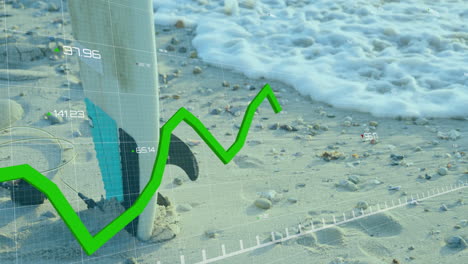 animation of financial data processing over surfeboard on beach