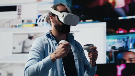 high tech person uses virtual reality headset for a 3d web design