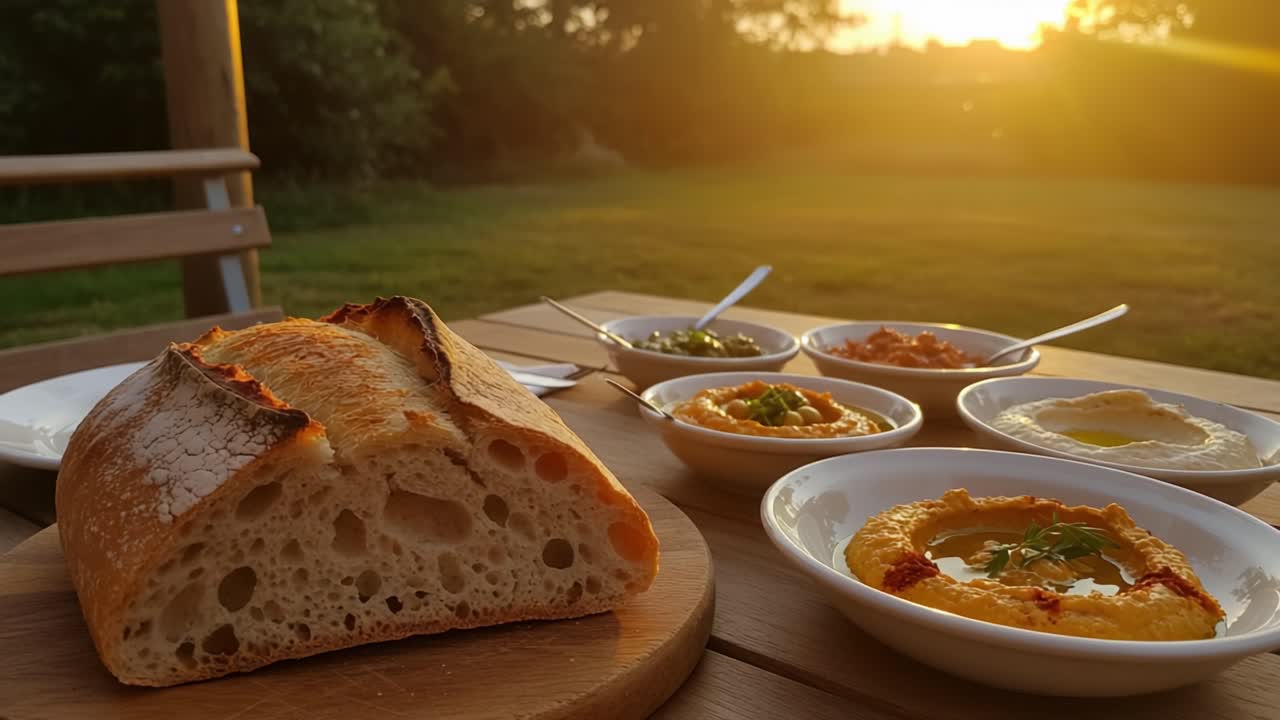 A Beautiful Sunset Setting Showcasing Freshly Baked Bread Accompanied by an Array of Flavorful Dips on a Wooden Table in a Scenic Outdoor Environment