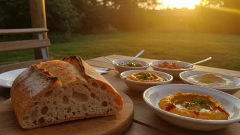 a beautiful sunset setting showcasing freshly baked bread accompanied by an array of flavorful dips on a wooden table in a scenic outdoor environment