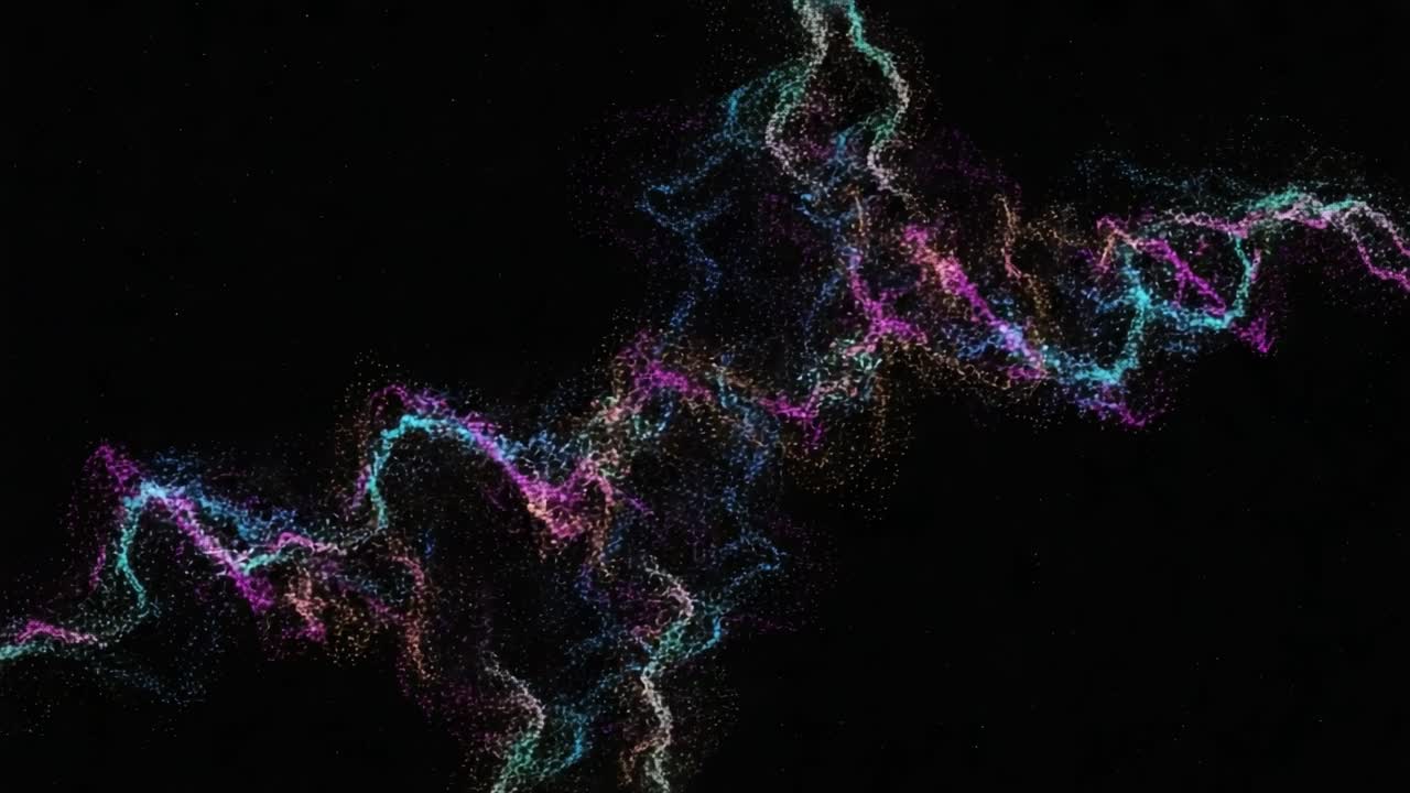 A Captivating Visual Symphony of Colorful Particle Waves Transcends the Black Background, Creating an Enthralling Display of Light and Energy Movement in Space