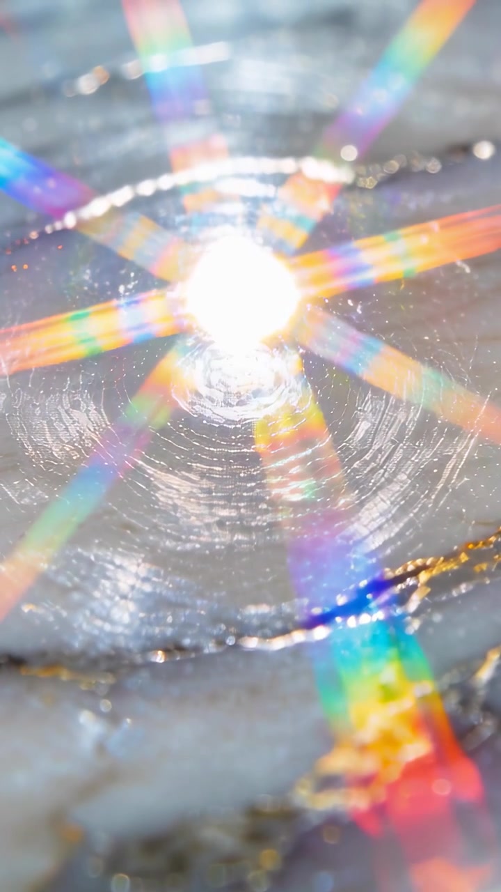 Video verticale: Luce puntiforme brillante che crea raggi arcobaleno cangianti su una lastra di marmo con venature dorate.