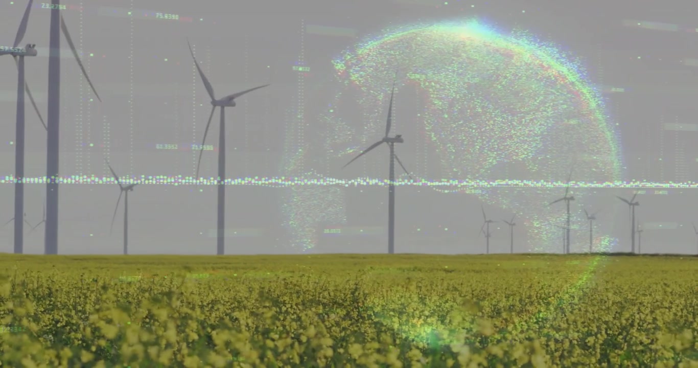Campo giallo con pala di turbina in rotazione e forma d'onda pulsante che forma una sfera per l'analisi energetica.