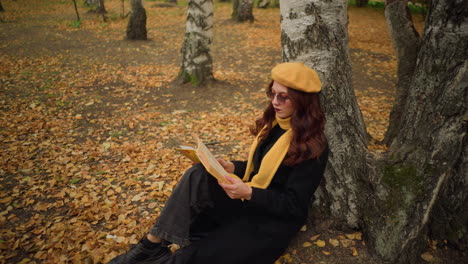 overhead view of young woman sitting under tree, reading book in solitude, surrounded by autumn leaves, she enjoys peaceful nature, relaxation, and introspection in a scenic, cozy outdoor retreat