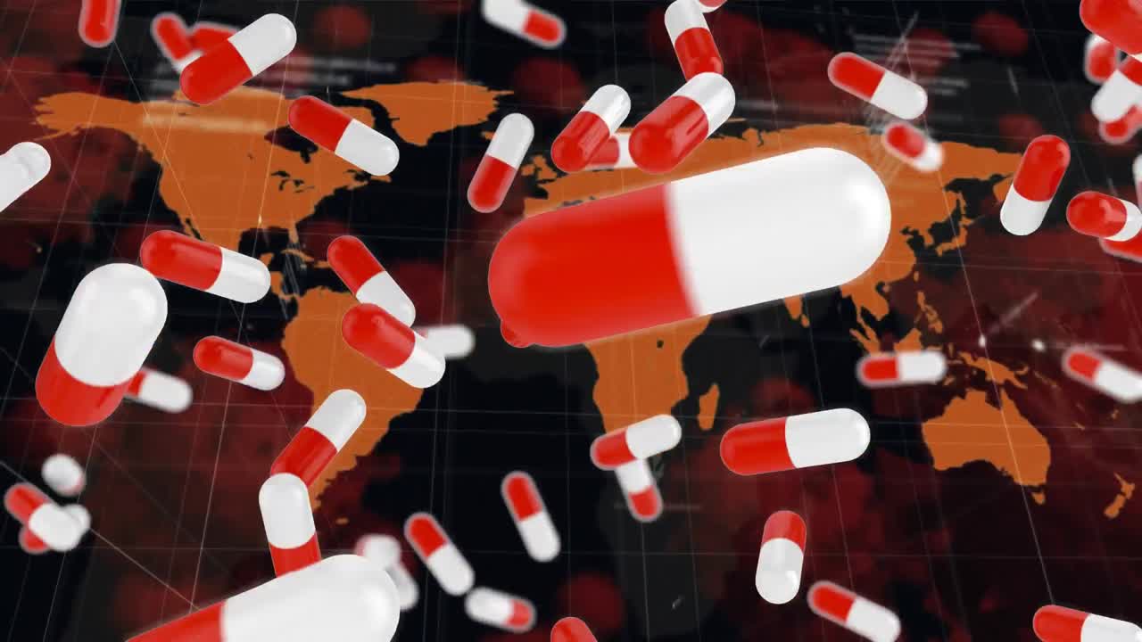 세계 지도에 맞서 떨어지는 약