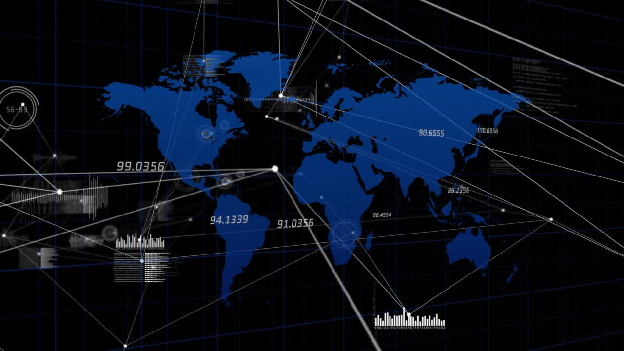 Opening interface showing blue world map pulsing circles numeric labels and fanning network lines