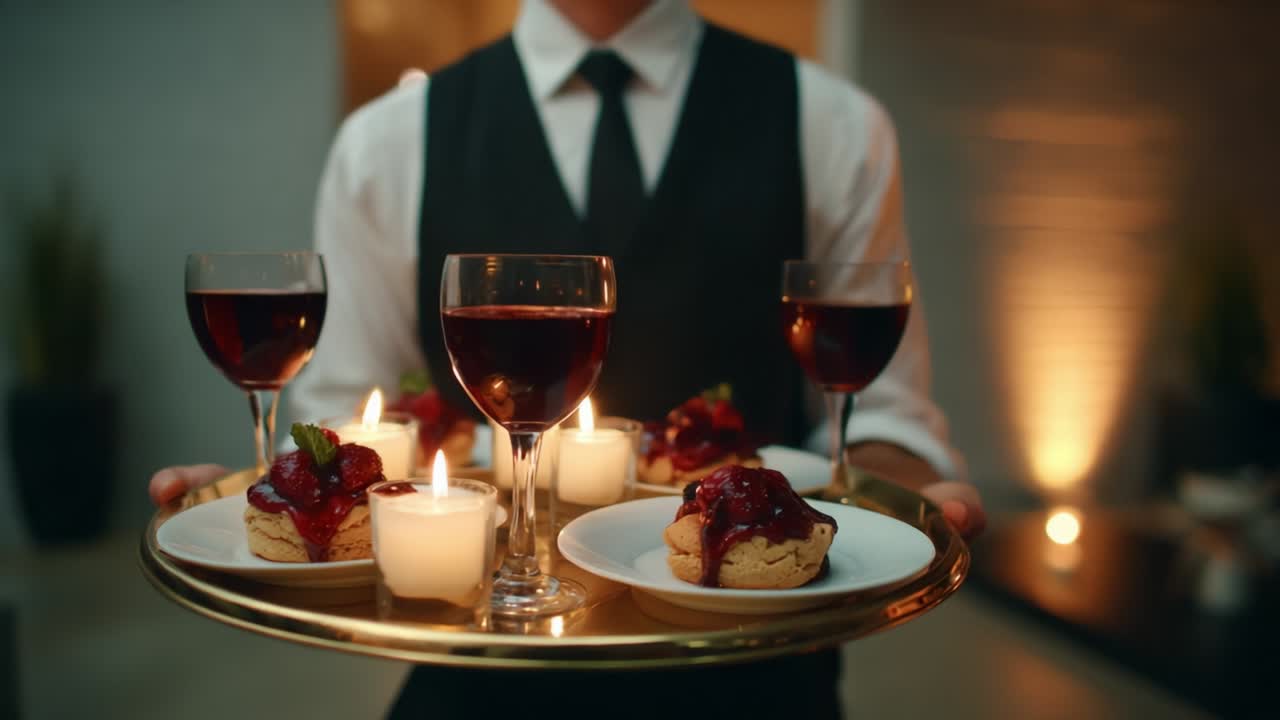 An Elegant Gathering: A Sophisticated Waiter Serving Delectable Desserts and Fine Drinks on a Gold Tray, Enhancing the Ambiance with Soft Candlelight in a Luxurious Setting