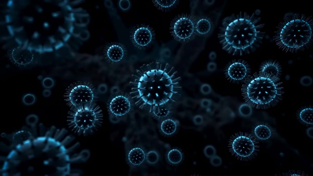 Glowing cyan particle field shows spiky translucent spheres drifting through dark space with soft blur, layered depth, luminous edges, and organic microscopic forms creating futuristic scientific mood