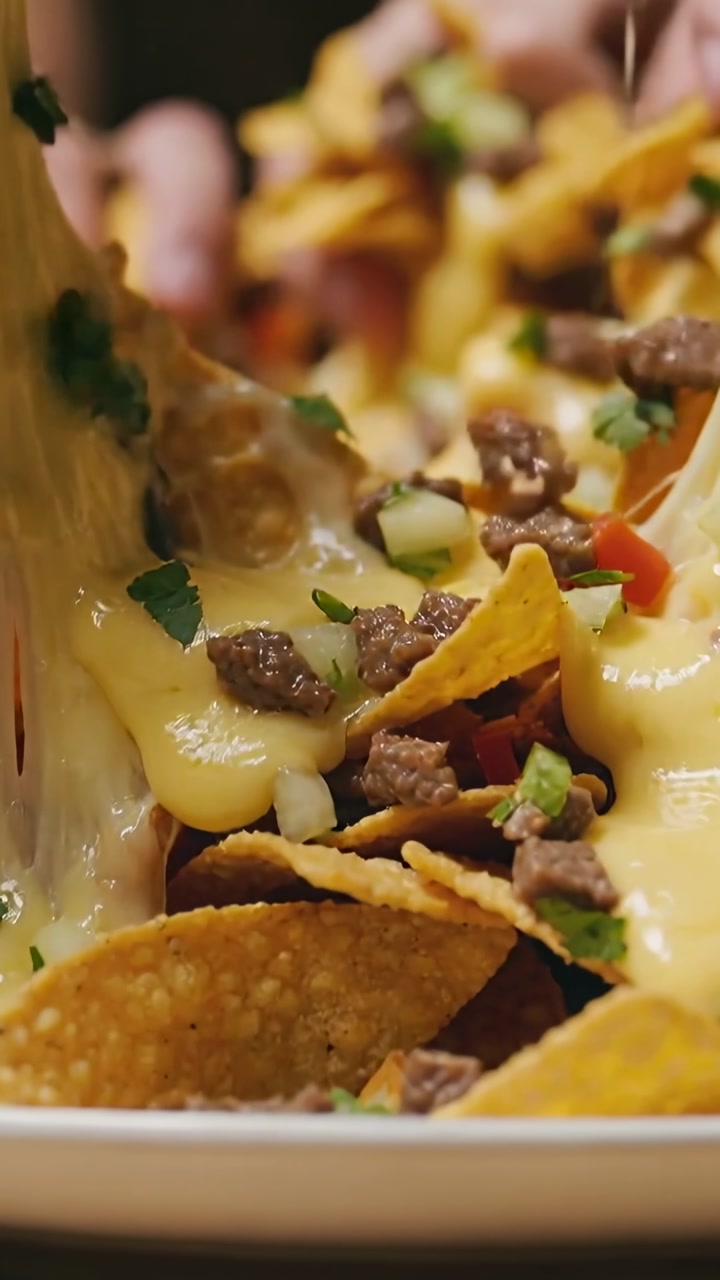 Hands scooping nachos on wood table, stretching melted cheese and sharing for food marketing