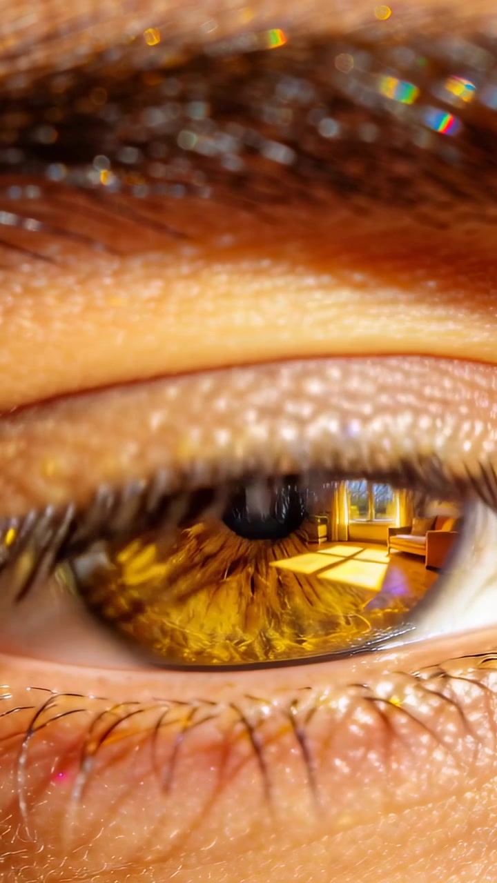 Video verticale: Occhio di una persona che sbatte le palpebre reagendo alla luce del sole a casa, mostrando iride e pupilla color ambra