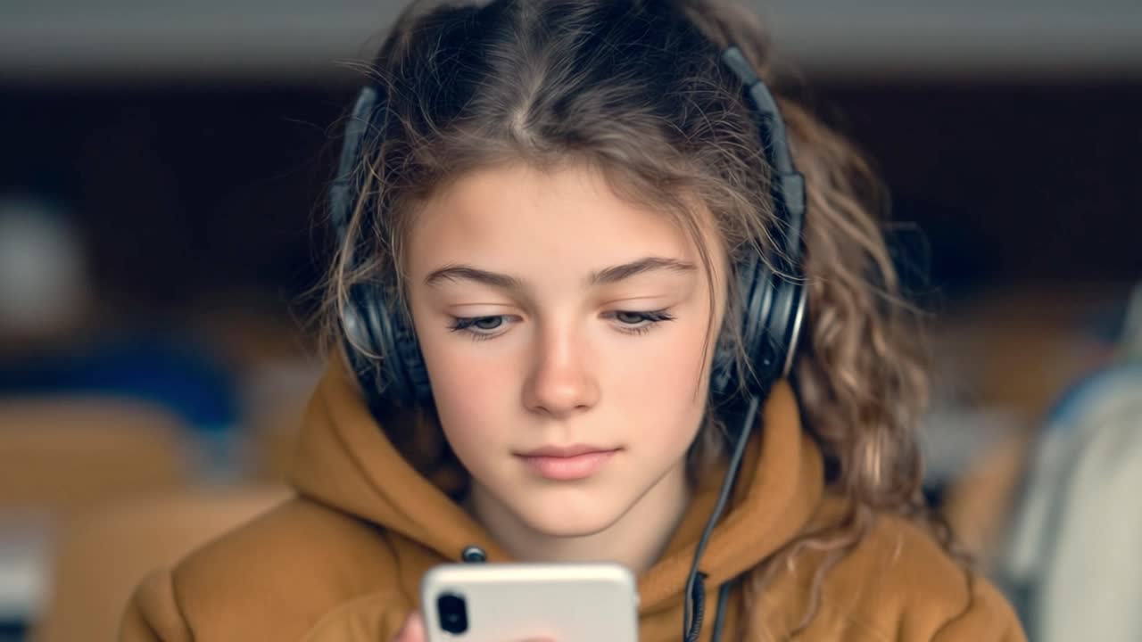 Girl listening to music on headphones with phone
