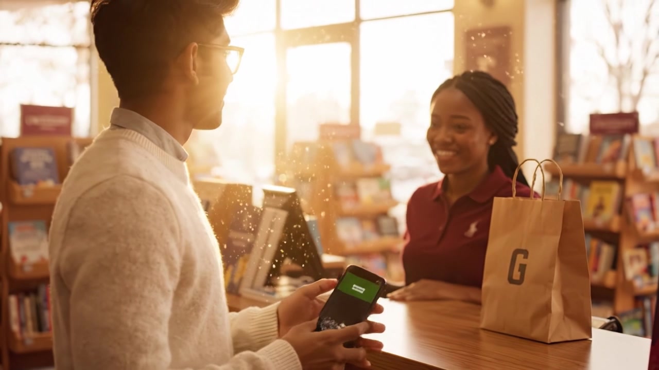 A young man enjoys a cozy bookstore experience while using his smartphone to complete a digital payment, receiving a bag with items from the friendly cashier.
