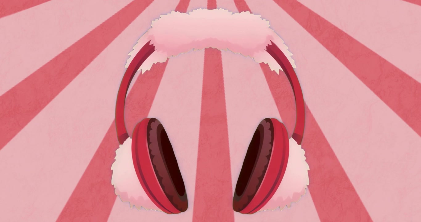 Cuffie che appaiono su uno sfondo rosa tenue, con raggi rosa che pulsano e svaniscono, mostrando un design con padiglioni auricolari soffici.