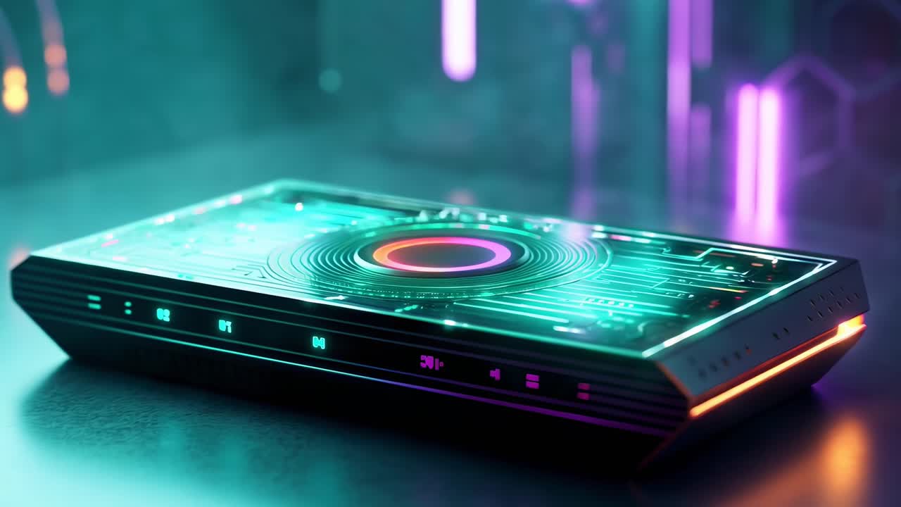 Dispositivo video futuristico con luci al neon, ripreso da un'angolazione bassa, che mostra un design elegante