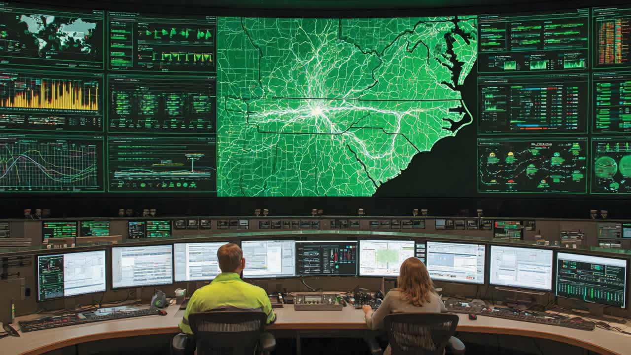 Advanced Operations Center: Overseers Engaged in Real-Time Data Analysis and Monitoring within a High-Technology Command Environment Focused on Strategic Insights