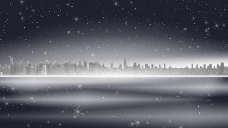 digital animation of snow falling over cityscape against grey background