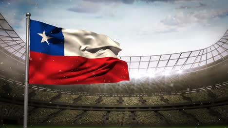Animation-of-camera-flashes-and-white-particles-over-waving-chile-flag-against-sports-stadium