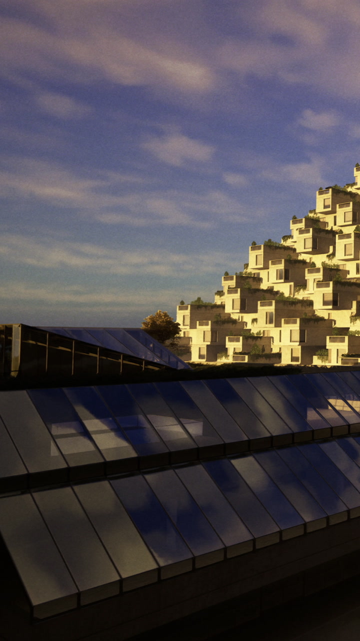 Modern building structure with geometric design under sunny sky