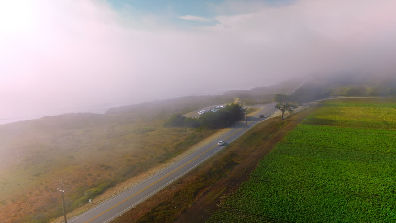 Thick fog spreading on the road and meadow from water. Cars go by the road on sunny but foggy daytime. Top view.