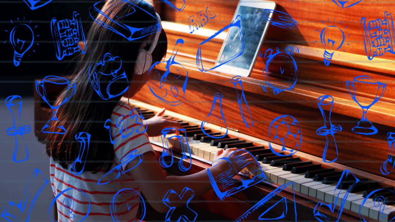 Child playing piano with blue doodle animation overlay of various objects