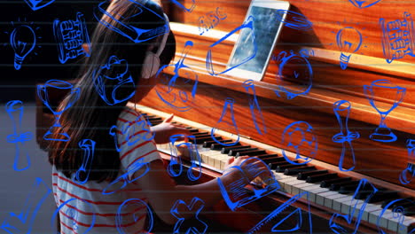 child playing piano with blue doodle animation overlay of various objects